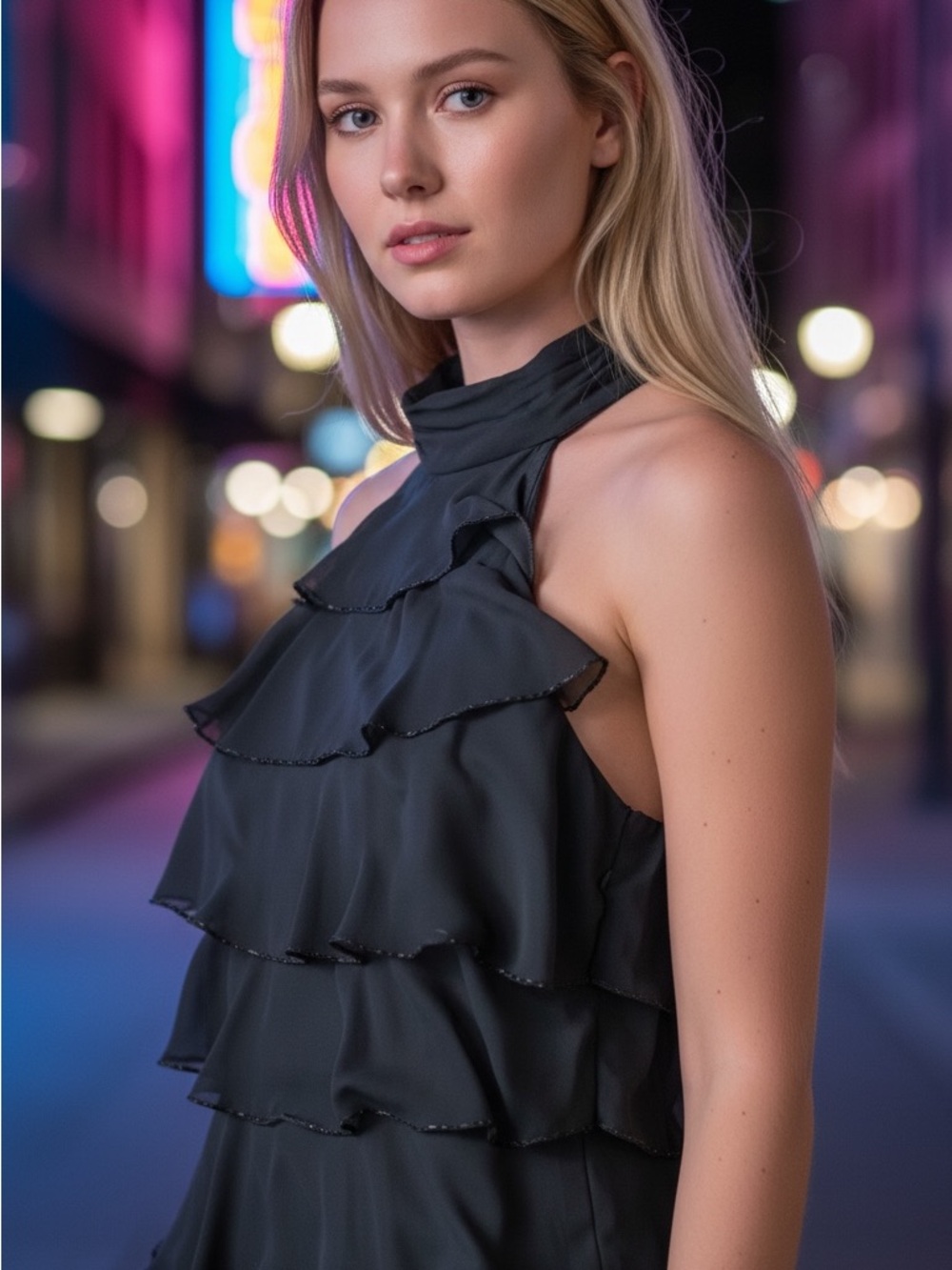 Patra 8- Tiered Ruffle Halter Dress - Black